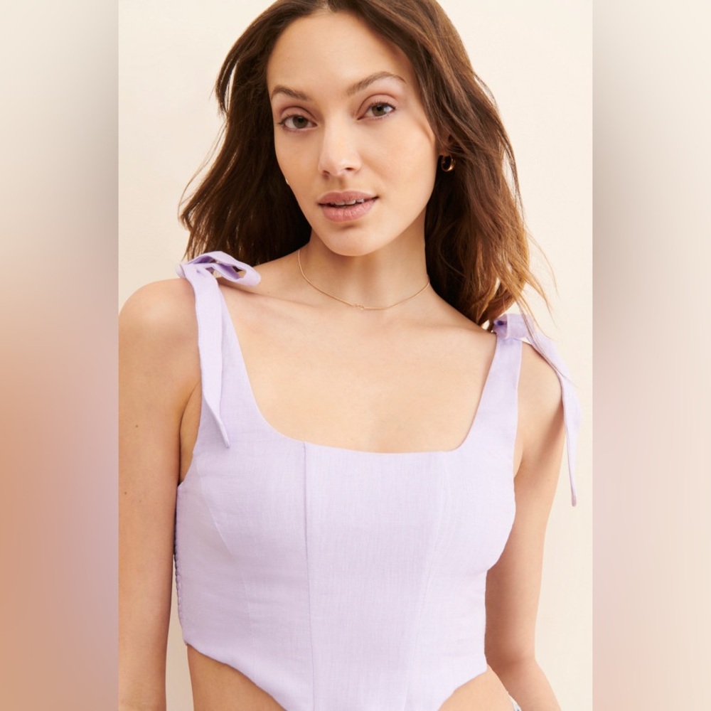 NWT FARM RIO 100% Linen Lilac Corset Crop Top Adjustable Bow Straps Size XL